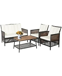 Costway 4Piece Patio Rattan Furniture Set Cushioned Chairs Wood Table Top With Shelf