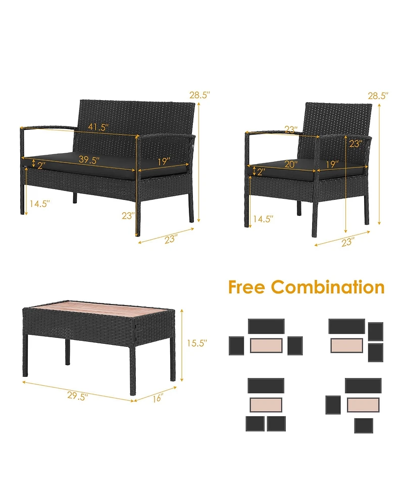 Costway 4Pieces Patio Rattan Furniture Set Cushioned Chair Wooden Tabletop
