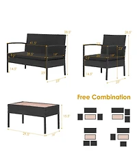 Costway 4Pieces Patio Rattan Furniture Set Cushioned Chair Wooden Tabletop