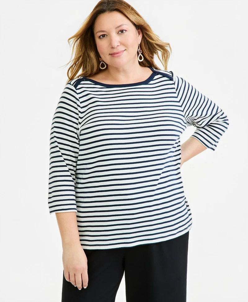 Style & Co Plus Stripe Pima Cotton 3/4-Sleeve Top, Exclusively at Macy's