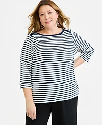Style & Co Plus Stripe Pima Cotton 3/4-Sleeve Top, Exclusively at Macy's