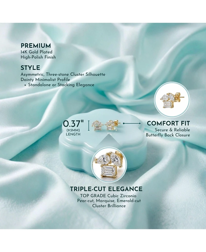 Rachel Glauber Dainty 14K Gold Plated Brilliant Three-cz Stud Earrings