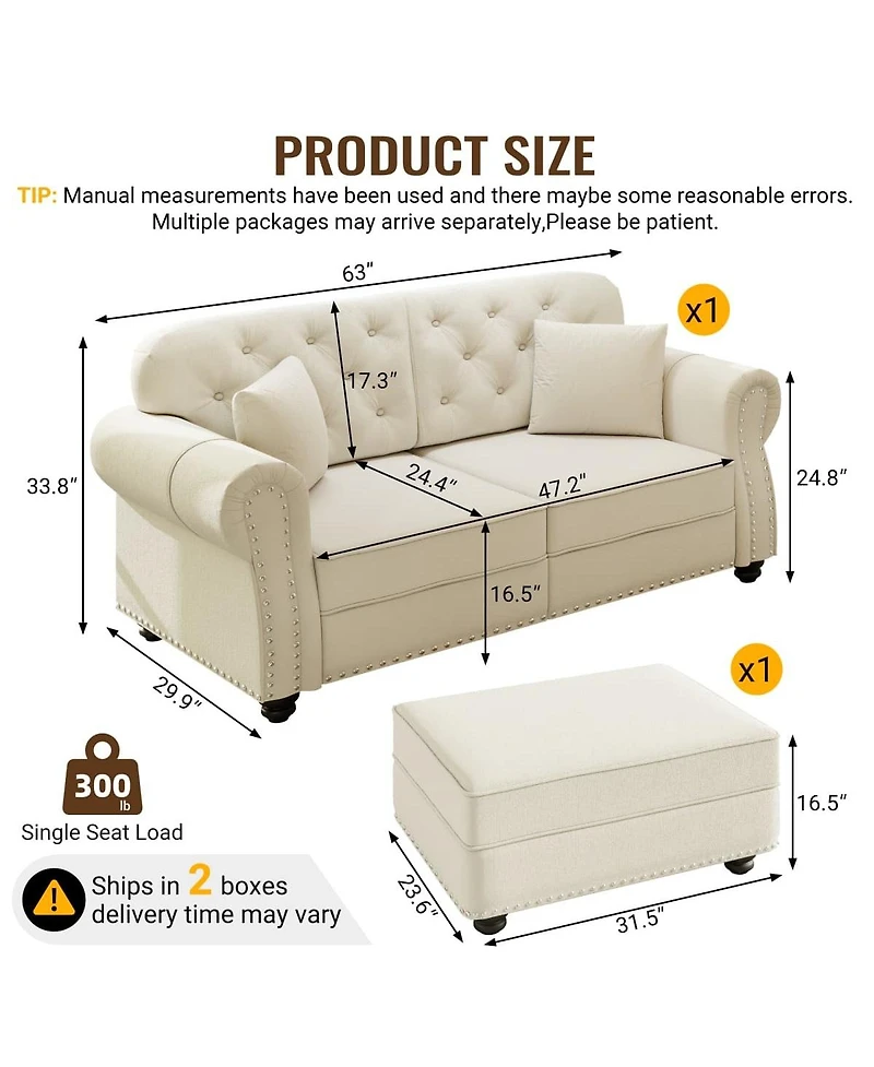 Maison Boucle 63'' Velvet Loveseat and Ottoman Set, Tufted Nailhead Rolled Arm Sofa