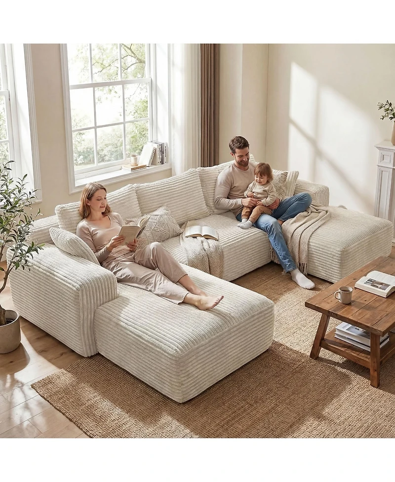Homsee 3-Piece U-Shaped Sectional Sofa Set With Pillows, Corduroy Convertible Couch