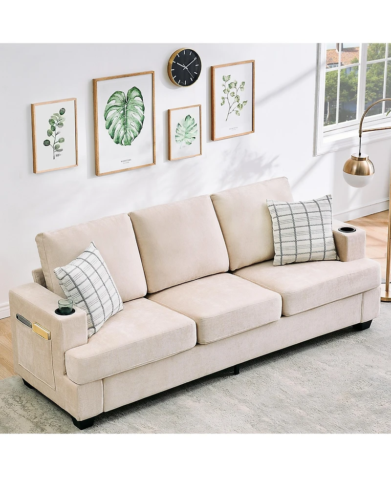 homfan Modern Deep Seat 3-Seater Chenille Sofa - 89" Living Room Couch with Cup Holders, Side Storage Pockets, Comfortable Sectional, Sturdy Build.