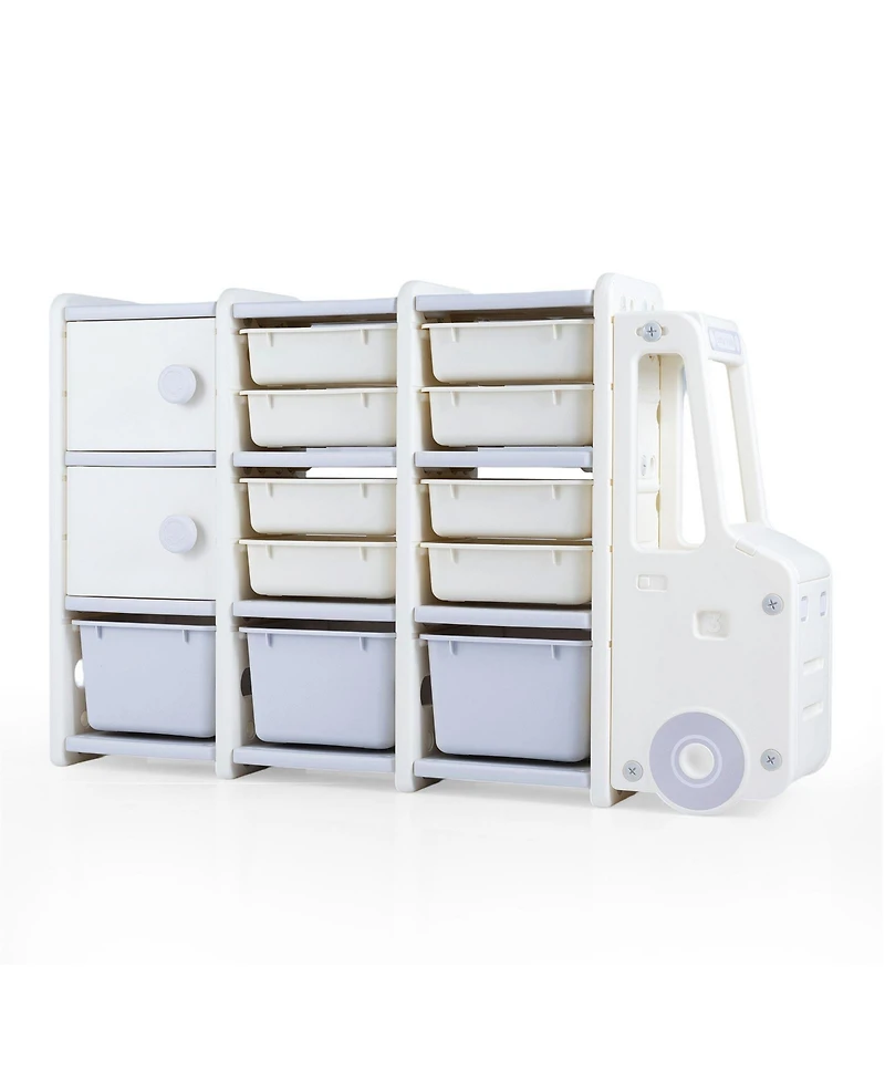 Slickblue Truck-Shaped Toy Chest for Kids with 11 Removable Bins and Storage Cabinets