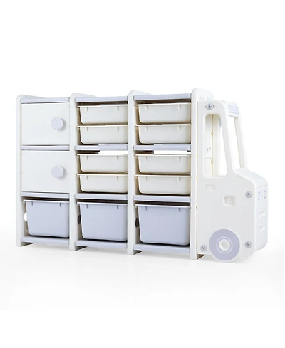 Slickblue Truck-Shaped Toy Chest for Kids with 11 Removable Bins and Storage Cabinets