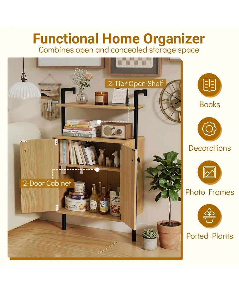 Slickblue Wall Mount Bookshelf with 2-Door Storage Cabinet for Home Organization