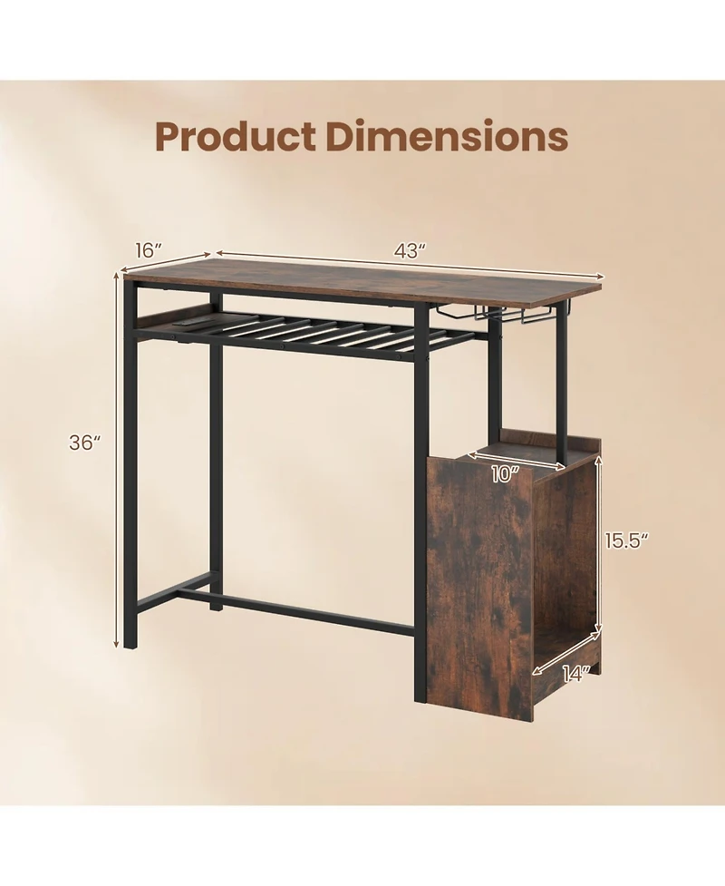 Slickblue Rectangular Bar Table with Power Outlets Led Lights and Storage Space