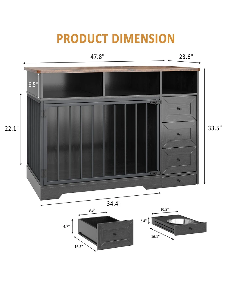 homfan Dog Crate Tv Stand, Farmhouse Media Console with Storage Drawers and Pet Bowl, Heavy Duty Indoor Kennel Table for Small Medium Dogs