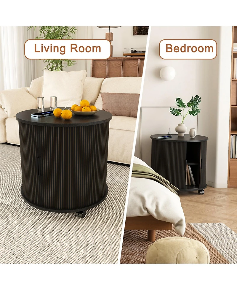 Rainsken Modern Cylinder End Table, with Built-in Charging Station and Sliding Door, Fluted Accent Nightstand, for Living Room, Bedroom