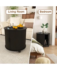Rainsken Modern Cylinder End Table, with Built-in Charging Station and Sliding Door, Fluted Accent Nightstand, for Living Room, Bedroom