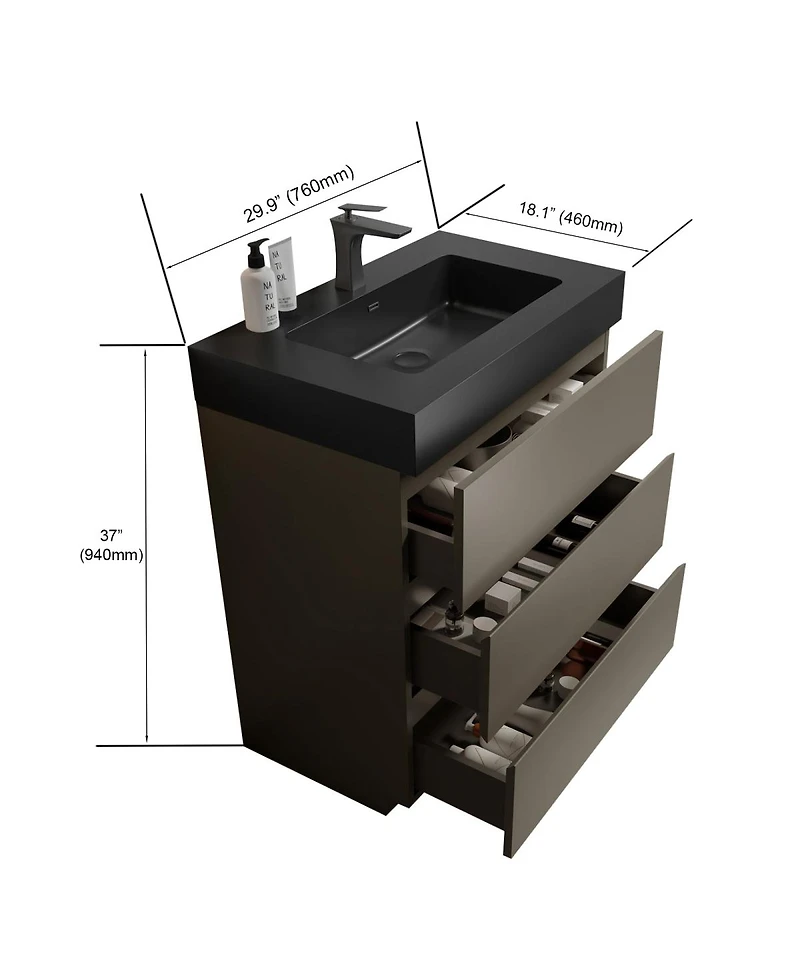 Sillysis Contemporary Bathroom Vanity with Black Sink, Large Soft Close Drawers, Handle-Free Freestanding Storage