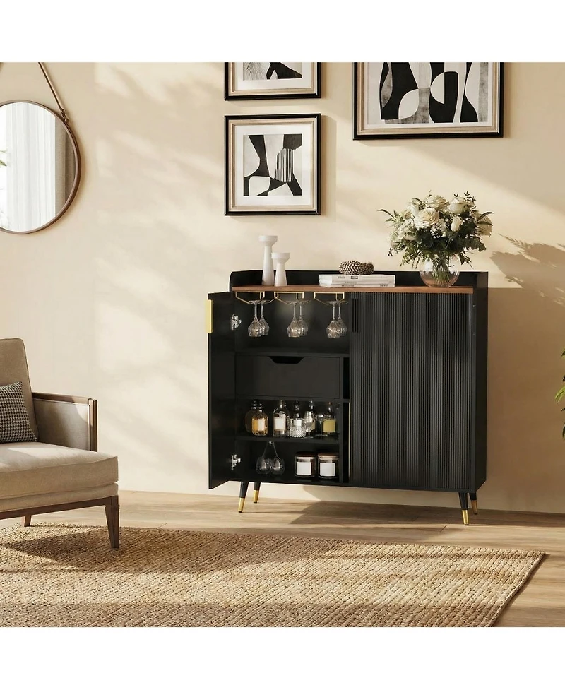 homfan Modern Fluted Wine Bar Cabinet with Glass Holder and 9-Bottle Rack, Drawer for Kitchen Dining Room Living