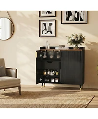 homfan Modern Fluted Wine Bar Cabinet with Glass Holder and 9-Bottle Rack, Drawer for Kitchen Dining Room Living