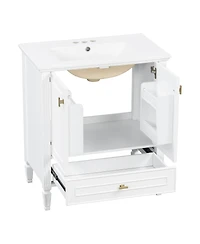 Sillysis 30 Inch Retro Bathroom Vanity with Ceramic Sink, Solid Wood Frame, Soft Close Doors and Bottom Drawer Storage