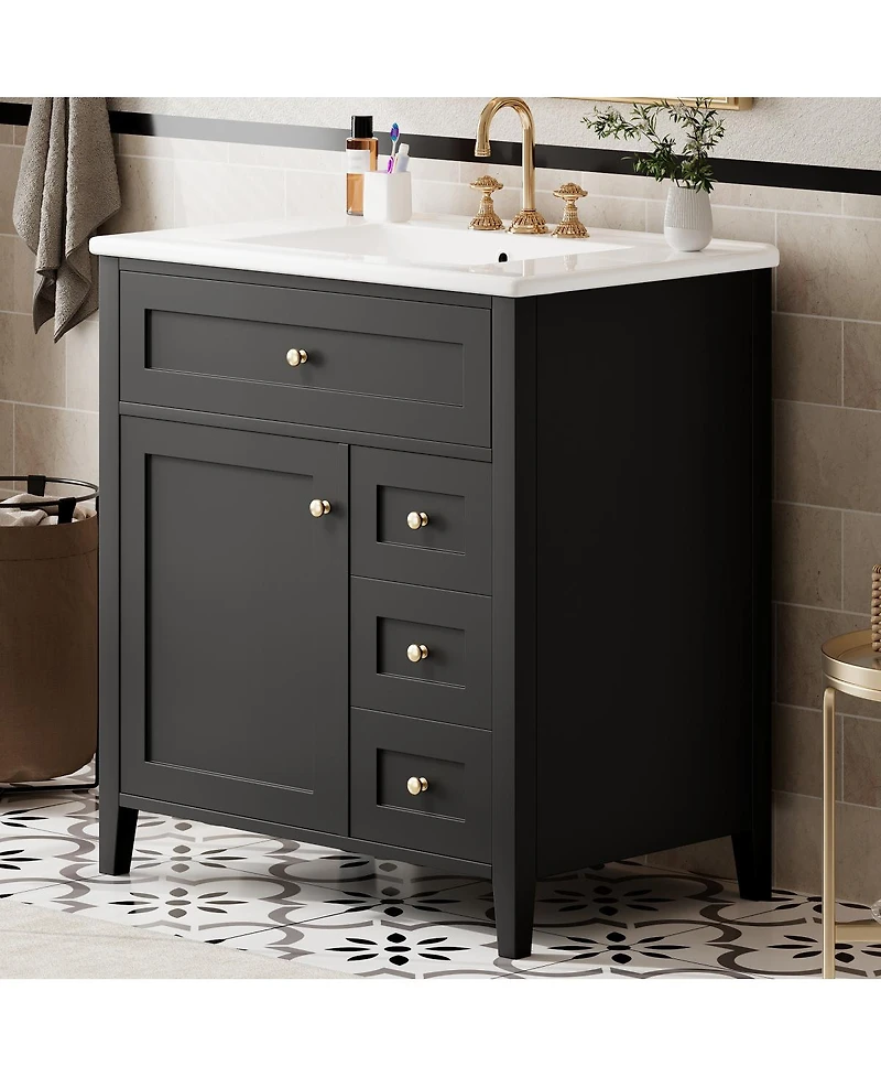 Sillysis 30 Inch Modern Bathroom Vanity with Storage Cabinet, Solid Wood Legs, Flip Drawer and Adjustable Shelves