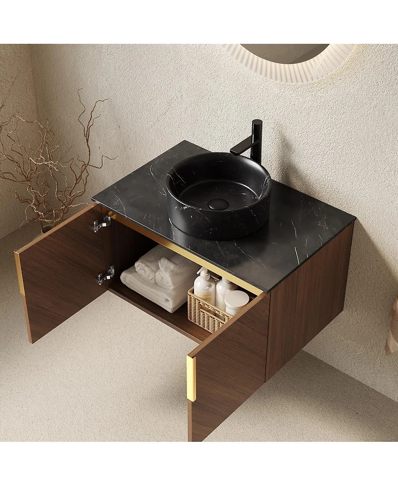 Sillysis Floating Bathroom Vanity Cabinet with Ceramic Vessel Sink, Sintered Stone Countertop, Large Storage