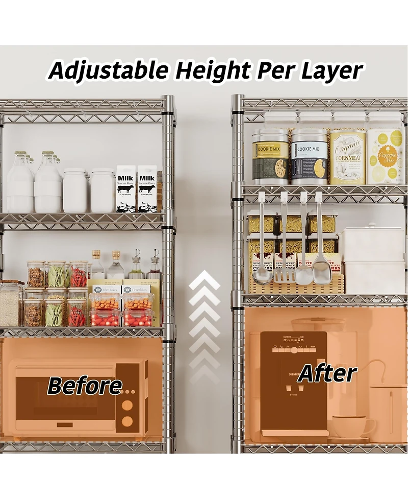 homfan Rolling Bar Cart, 61 Inch Metal Display Rack with Adjustable Shelves and Locking Wheels for Kitchen or Pantry
