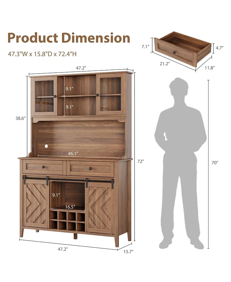 homfan 72" Farmhouse Bar Cabinet with Sliding Barn Doors, Hutch, 2 Drawers, 8 Shelves and Charging Station, Rustic Coffee for Dining Room