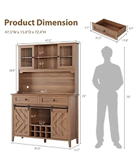 homfan 72" Farmhouse Bar Cabinet with Sliding Barn Doors, Hutch, 2 Drawers, 8 Shelves and Charging Station, Rustic Coffee for Dining Room