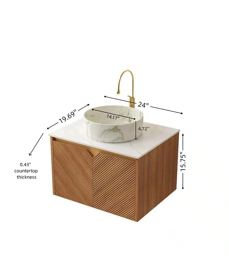 Sillysis Floating Bathroom Vanity with Ceramic Vessel Sink, Carrara Sintered Stone Top, Solid Wood Door