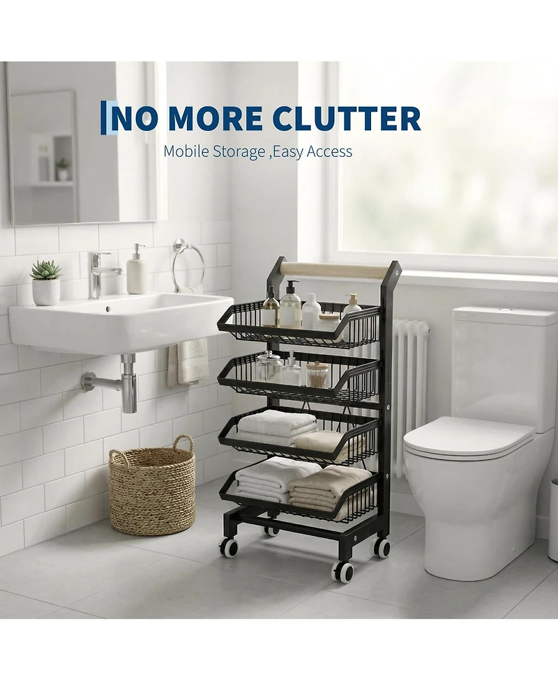 homfan 3 Tier Bar Cart, 32 Inch Foldable Carbon Steel Rolling Storage Cart with Locking Wheels for Kitchen or Pantry