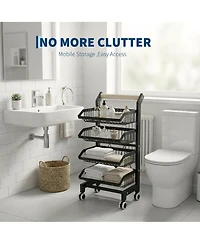 homfan 3 Tier Bar Cart, 32 Inch Foldable Carbon Steel Rolling Storage Cart with Locking Wheels for Kitchen or Pantry