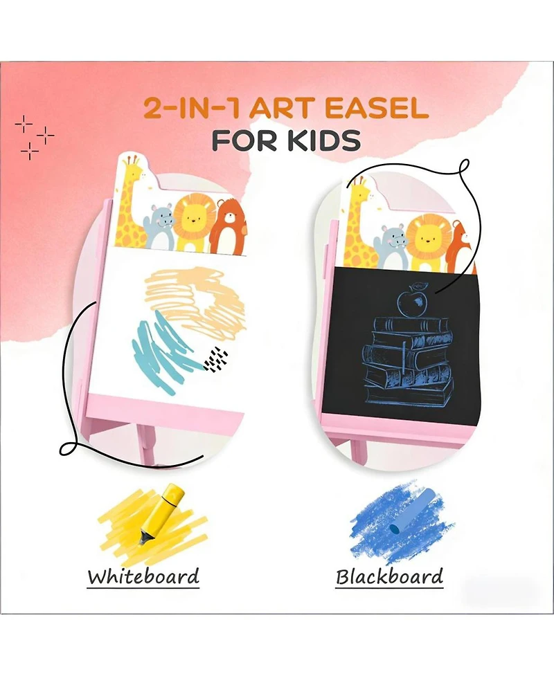 Yobtop Kids Art Easel - Double-Sided Blackboard and Whiteboard, Mdf Frame with Storage Boxes, Cute Pattern Design for Ages 3-8 Years