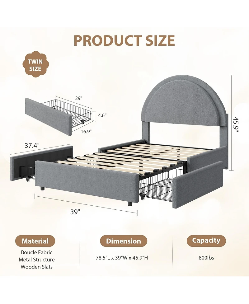homfan Twin Modern Boucle Upholstered Platform Bed Frame with 2 Storage Drawers, Sturdy Mdf and Wooden Slats, No Box Vernal Needed