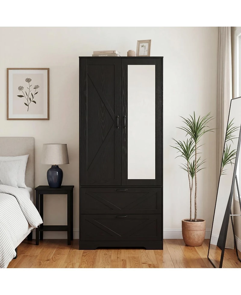 Streamdale Furniture 2-Door Wood Wardrobe with Hanging Rod 2 Drawers Mirror and Induction Light