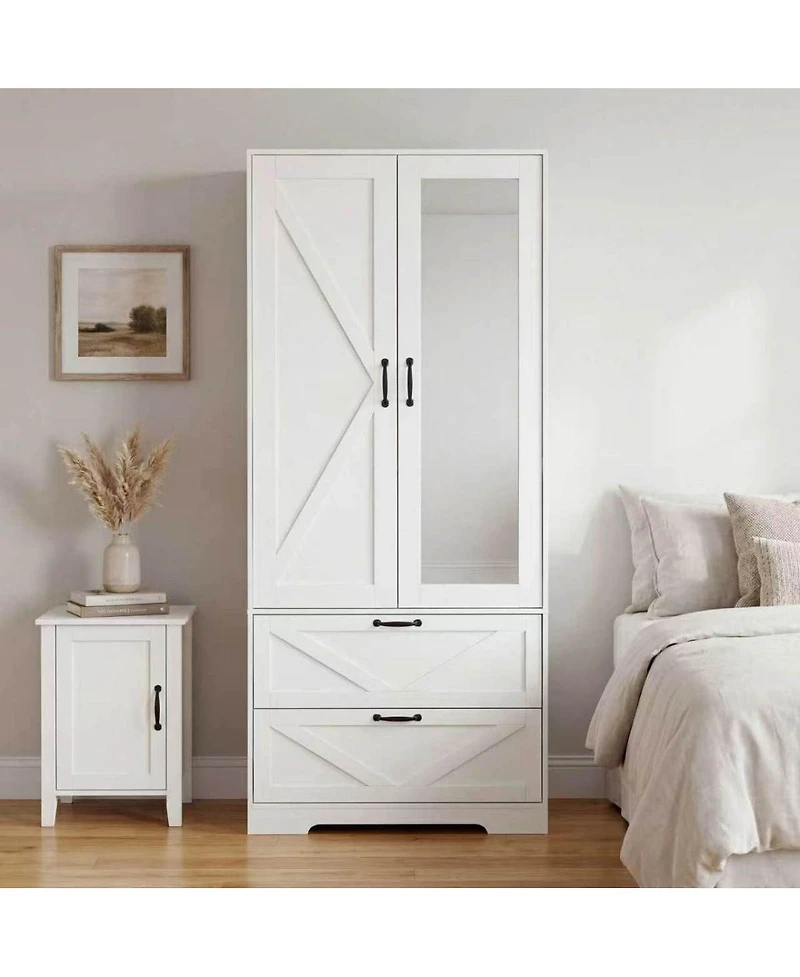 Streamdale Furniture 2-Door Wood Wardrobe with Hanging Rod 2 Drawers Mirror and Induction Light