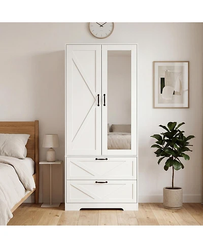 Streamdale Furniture 2-Door Wood Wardrobe with Hanging Rod 2 Drawers Mirror and Induction Light