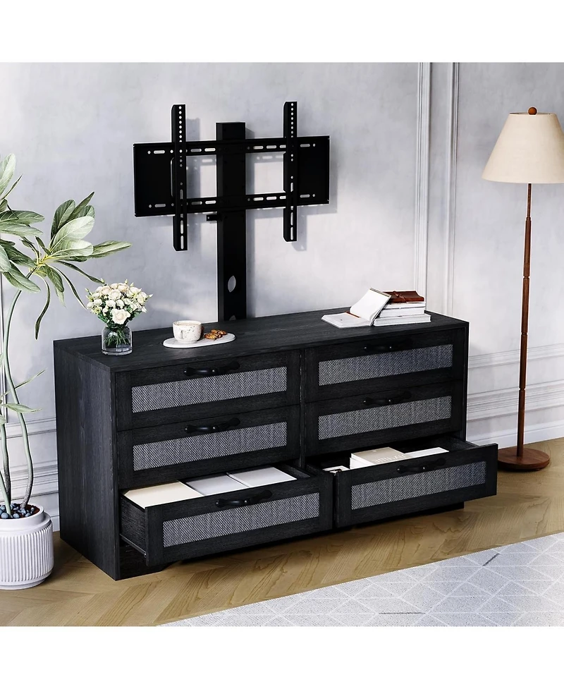 gaomon 6-Drawer Tv Stands for Living Room, Entertainment Center, Rattan-Woven Mdf Tv Stand,Living Room Furniture