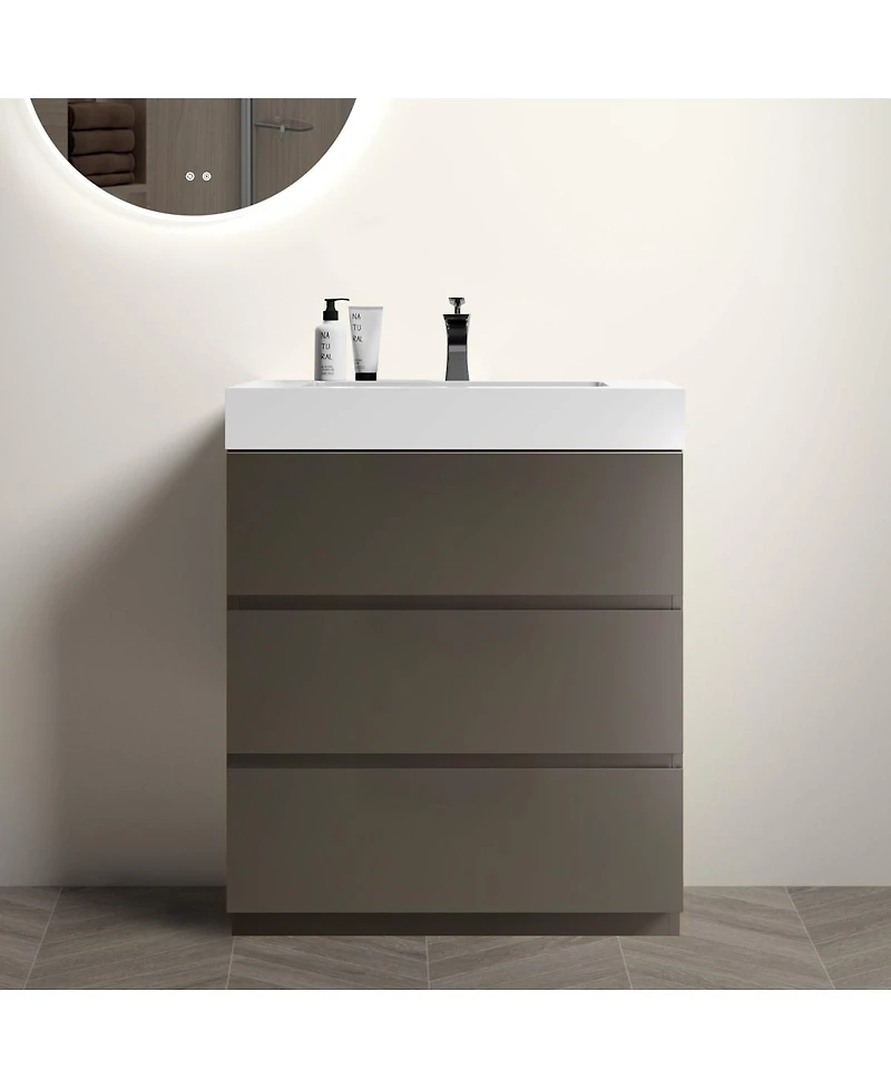 Sillysis Modern Freestanding Bathroom Vanity with Stone Sink, Soft Close Drawers, Handle-Free Storage Cabinet