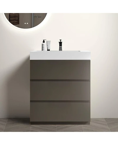 Sillysis Modern Freestanding Bathroom Vanity with Stone Sink, Soft Close Drawers, Handle-Free Storage Cabinet