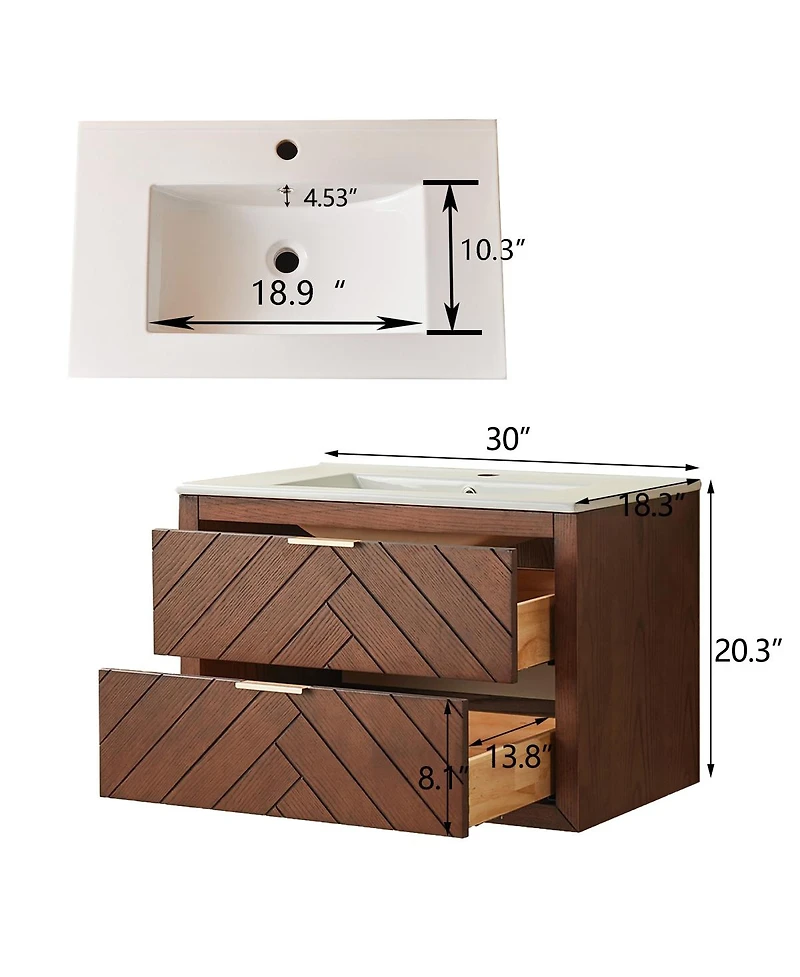 Sillysis Floating Bathroom Vanity with Ceramic Sink, Wall Mounted Modern Cabinet, Deep Drawers for Storage, Fully Assembled