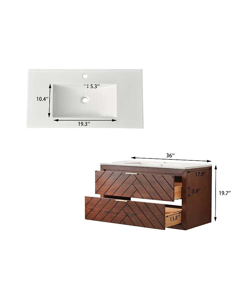 Sillysis Floating Bathroom Vanity with Ceramic Sink, Wall Mounted Modern Cabinet, Deep Drawers for Storage
