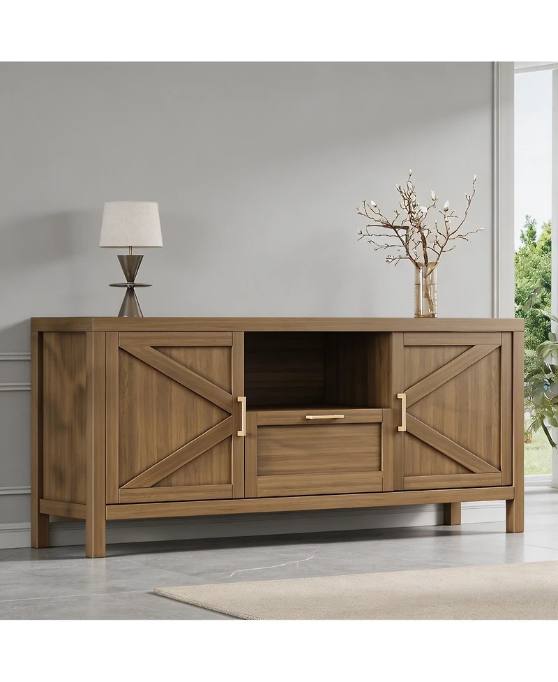 homfan Farmhouse 65 Inch Tv Stand, Engineered Wood Entertainment Center with Gold Metal Handles, Multi-Storage Rustic Media Console