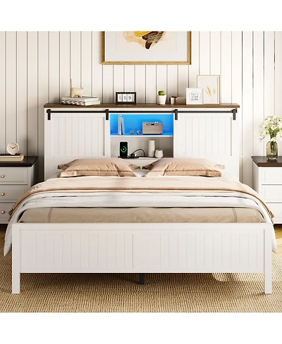 homfan Queen Farmhouse Bed Frame with Bookcase Headboard, Led Lighting, Sliding Barn Doors, Storage and Charging Station, No Box Spring Needed