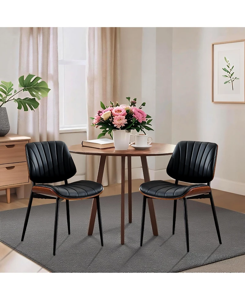 homfan Set of 2 Modern Boho Dining Chairs - Pu Leather Upholstered, Curved Walnut Backrest - Ergonomic - Mid-Century Accent Side Chairs