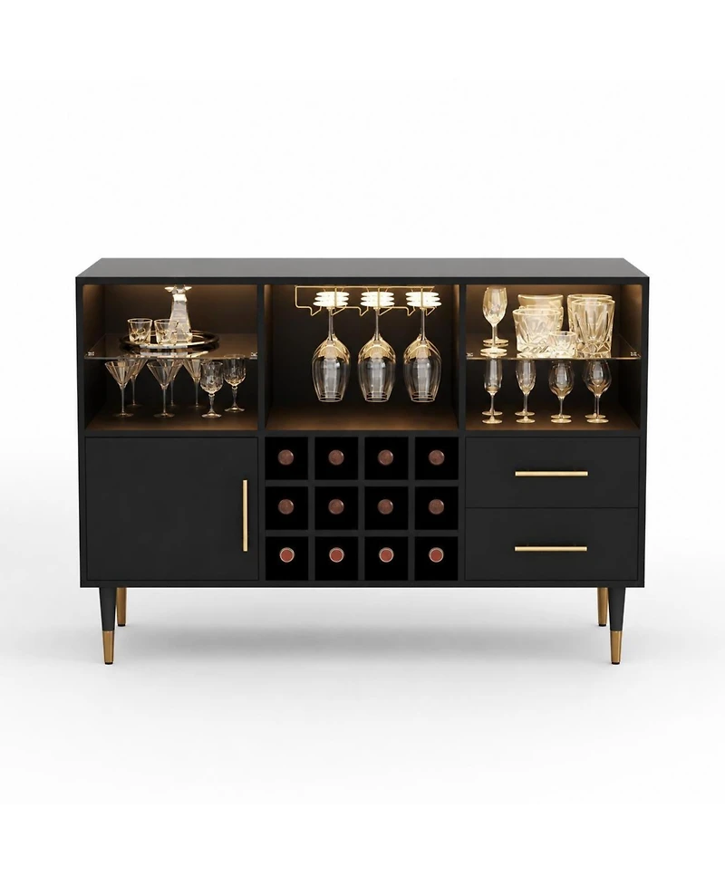 homfan 47" Coffee Bar Cabinet Charging Station and Rgb Led Light, Wood Liquor Storage for Dining Room or Living Room