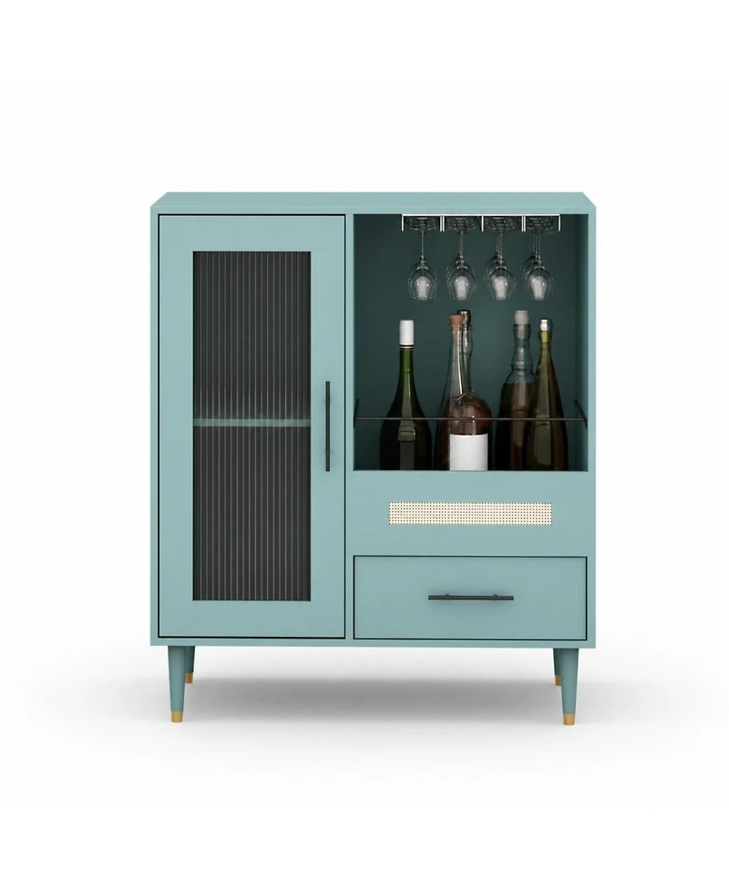 homfan 30" Wine Cabinet Tempered Glass Door, Drawers, Wine Rack and Glass Holder, Sideboard Buffet for Dining Room or Living Room
