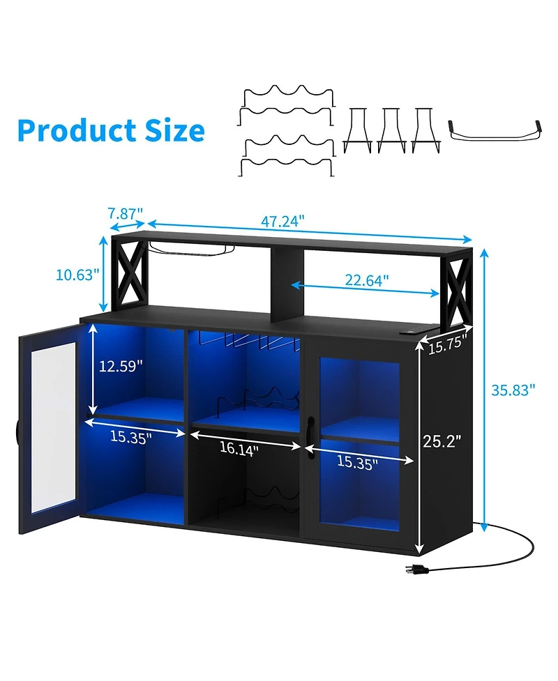 homfan Led Wine Cabinet with Glass Display, Freestanding Bar Cabinet with Storage Shelves for Dining Room Living Room Kitchen