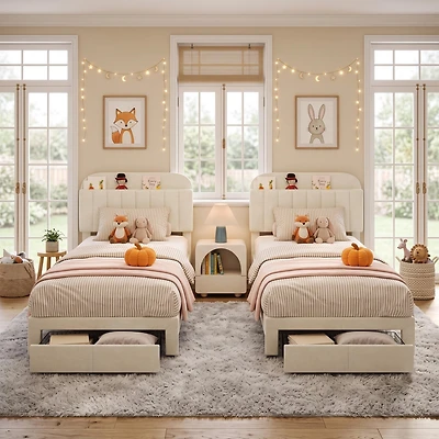 homfan 2 Sets Twin Upholstered Platform Bed Set, Bookcase Headboard with Large Storage Drawer, No Box Spring Required, Easy Assembly