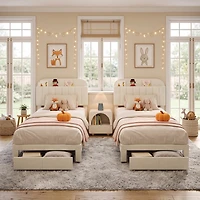 homfan 2 Sets Twin Upholstered Platform Bed Set, Bookcase Headboard with Large Storage Drawer, No Box Spring Required, Easy Assembly
