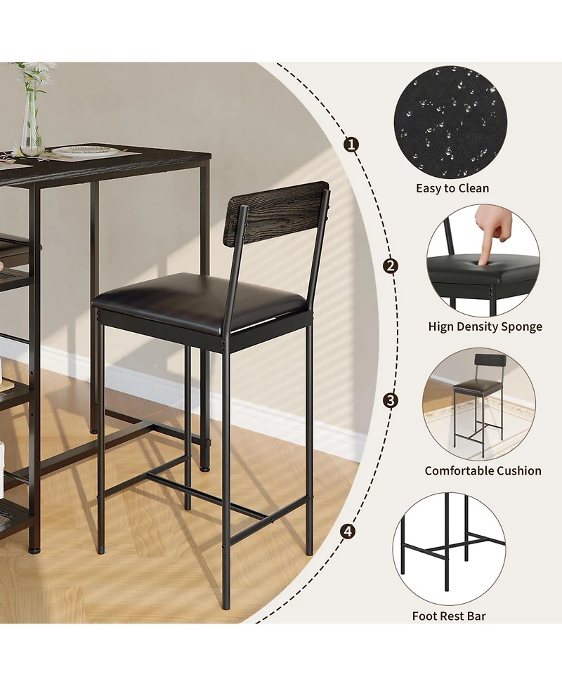 homfan 3-Piece Industrial Style Counter Height Dining Set for 2, Narrow Kitchen Table with 2 Upholstered Stools and 3-Tier Storage
