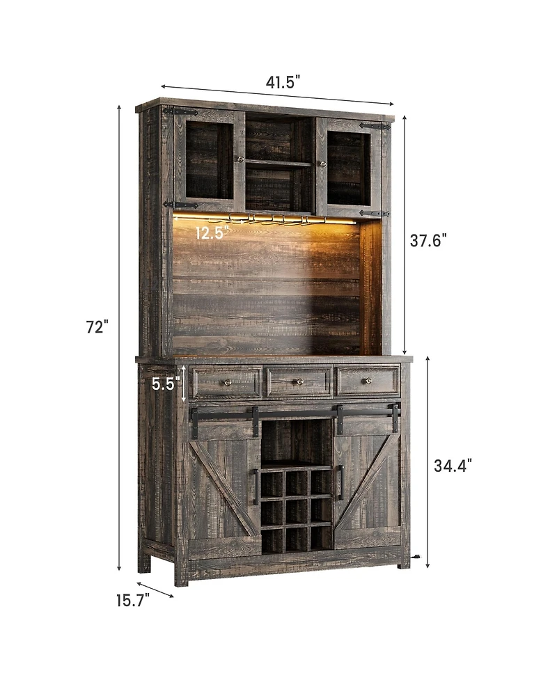 homfan Farmhouse Coffee Bar Cabinet with Led Lights and Power Outlets - Barn Door Buffet with Wine Storage for Kitchen Dining Room