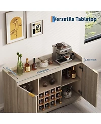 homfan 47" Engineered Wood Wine Bar Cabinet with Glass Holder and 12-Bottle Rack, Fluted Panel Liquor and Coffee Bar Cabinet with Storage