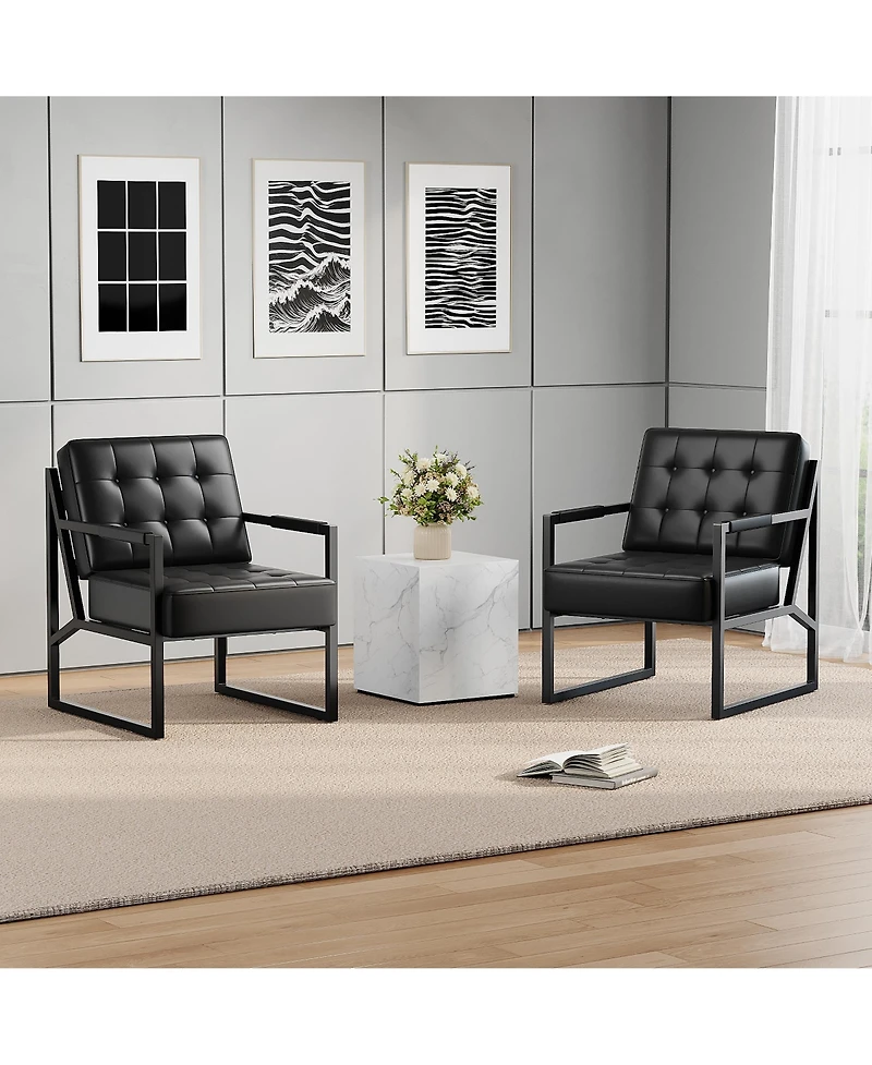 homfan Set of 2 Mid-Century Modern Accent Chair, Pu Leather Armchair with Thick Cushion, Metal Frame, for Living Room, Bedroom, Office, Reception